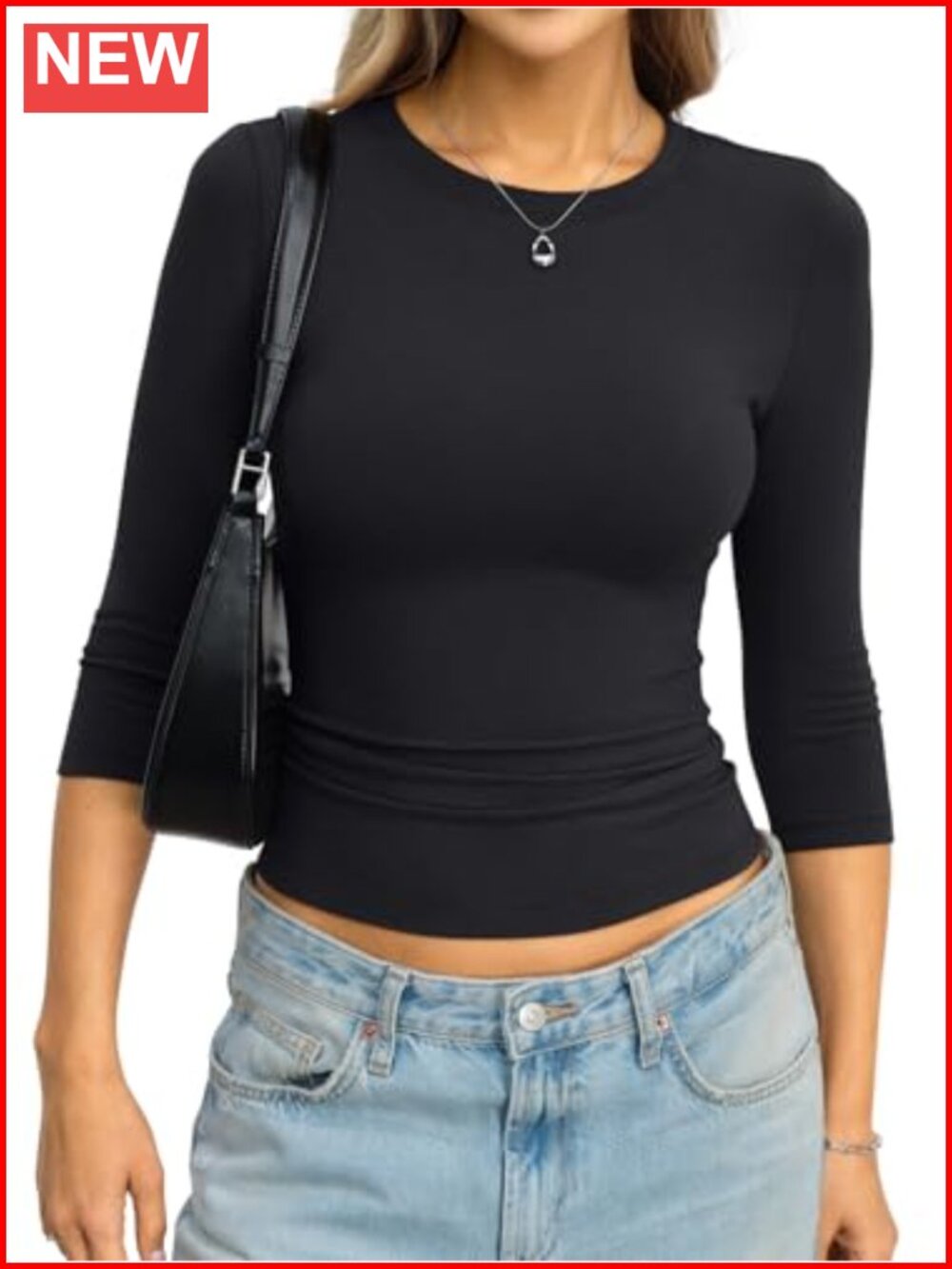 Womens Cotton 3/4 Sleeve T-Shirt Slim Fit Crew Neck Basic Tee Top